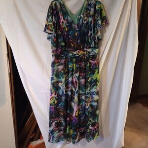 Romans Multicolor Floral Maxi Dress Sz. 18 Flutter Sleeve Event Gathered Waist